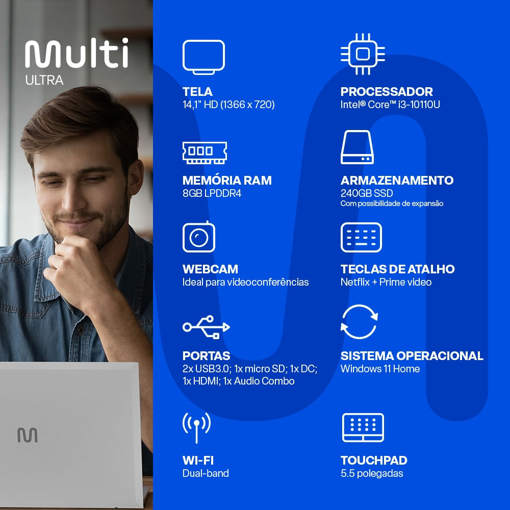 Encontraproduto.com.br - Notebook, Windows 11 Home, Processador Intel Core i3, 8GB 240GB SSD, Tela 14,1 Pol. HD + Tecla Netflix Prata Ultra - UB445OUT [Reembalado]