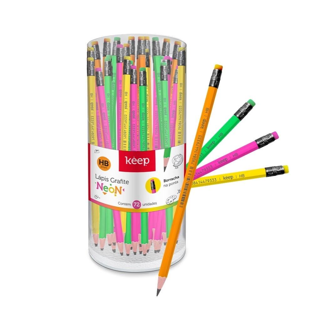 Lápis Grafite HB Neon Sextavado Resina com Borracha 4 Cores c/72 Unidades Keep - EI150OUT [Remanufaturado]
