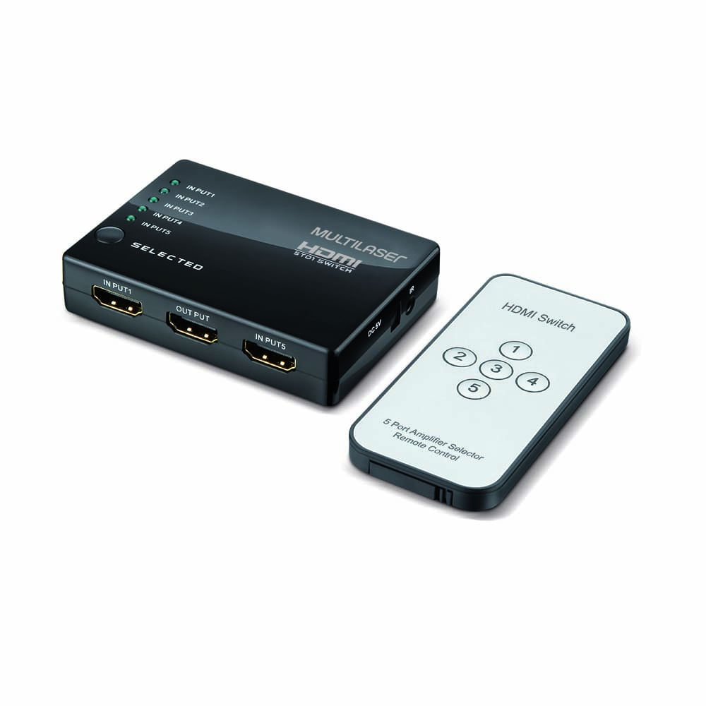 Switch HDMI Multilaser 5 Portas Alta Definição de 1080p + Controle Remoto Preto - WI346OUT [Remanufaturado]