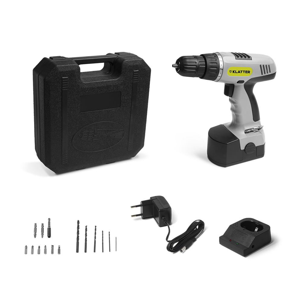 Kit Maleta Parafusadeira e Furadeira 12v Bateria de Lítio 16 Níveis de Torque com Brocas e Bits Cinza Klatter - MV045OUT [Remanufaturado]