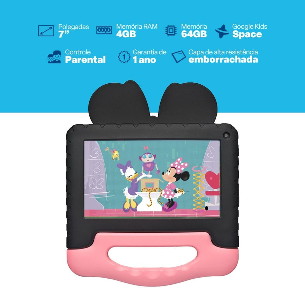 Encontraproduto.com.br - Tablet Infantil Minnie com Controle Parental 4GB RAM + 64GB + Tela 7 pol + Case + Wi-fi + Android 13 + Quad Core Multi - NB414OUT [Remanufaturado]