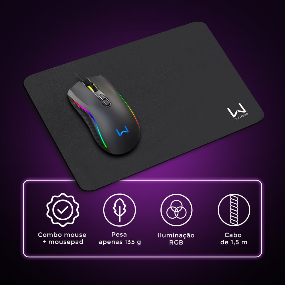 Kit Mouse 3600DPI 7 Botões e Mousepad Armory Warrior - MO396 - Multi